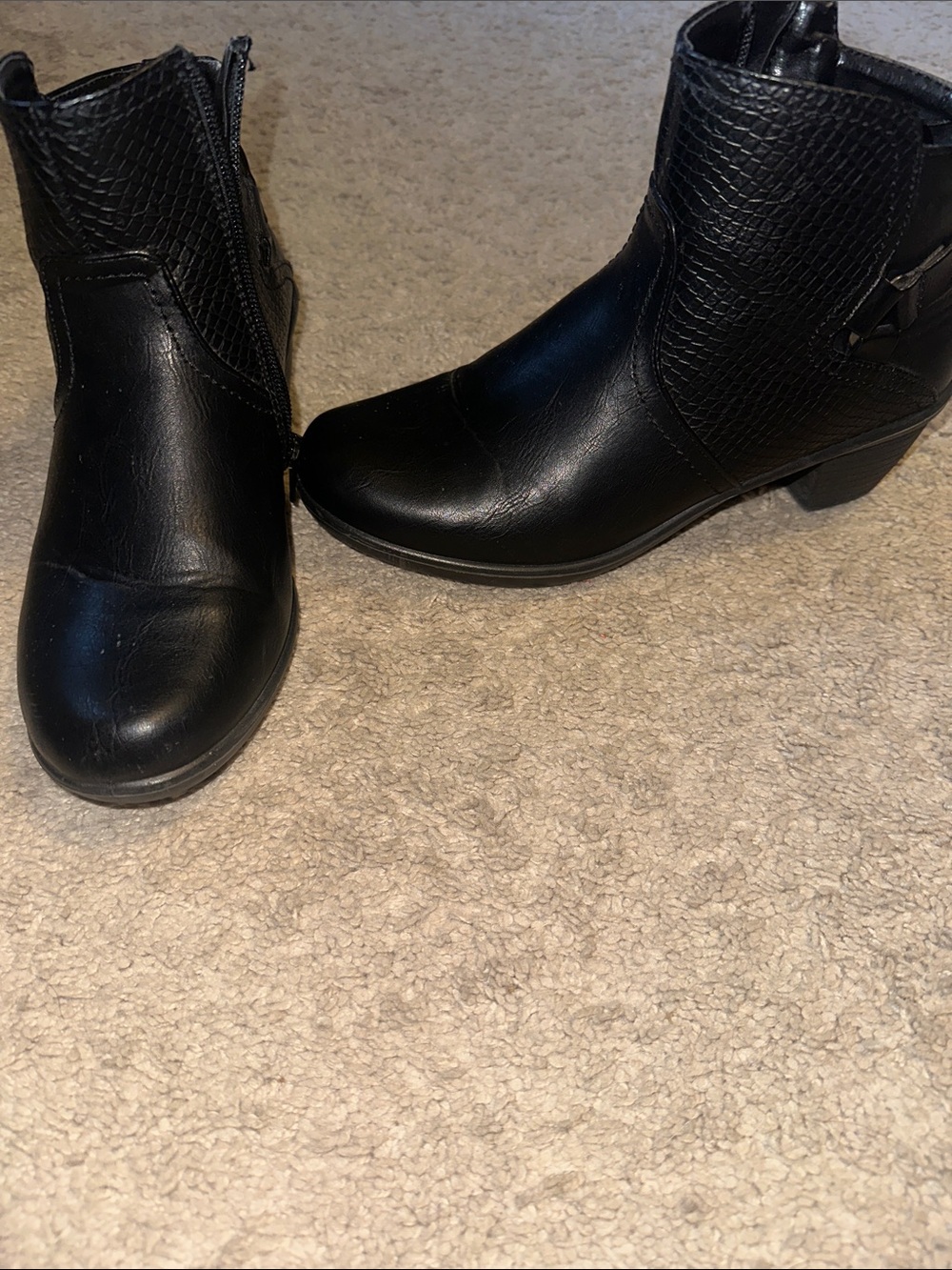 Women's Black Textured Ankle Booties with Low Block Heel